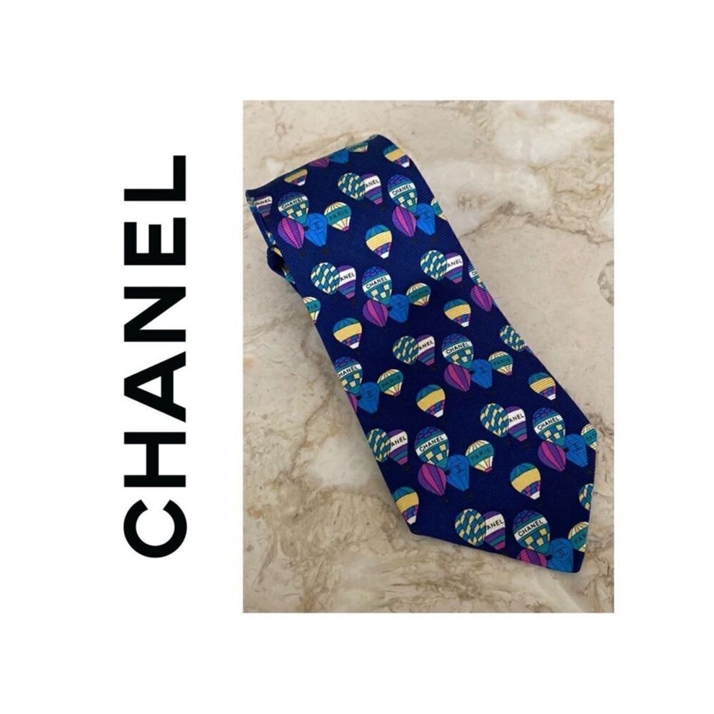 Authentic CHANEL 100% Silk Tie Multi-Colour Monogram Hot Air Balloons Rare